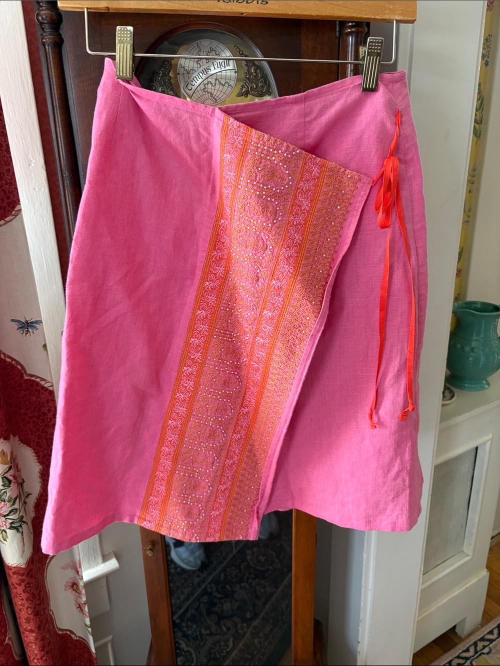 Garnet Hill Pink Wrap Skirt with Orange Embroidered Panel